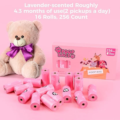 Poop Bags Rolls 256 Count - 9x13 Inches Pink Thickened Leakproof Lavender scent Poo Bags for Dogs, Eco-Friendly Pet Waste Bags for Walking, Home, Travel