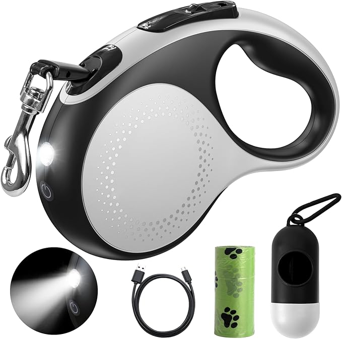 Retractable Dog Leash with Led Light, Douexio 16ft Rechargeable Walking Dog Leash for Small Medium Dogs Up to 66 lbs,360° Tangle-Free, One-Button Control, High Strength Hook