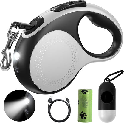 Retractable Dog Leash with Led Light, Douexio 16ft Rechargeable Walking Dog Leash for Small Medium Dogs Up to 66 lbs,360° Tangle-Free, One-Button Control, High Strength Hook