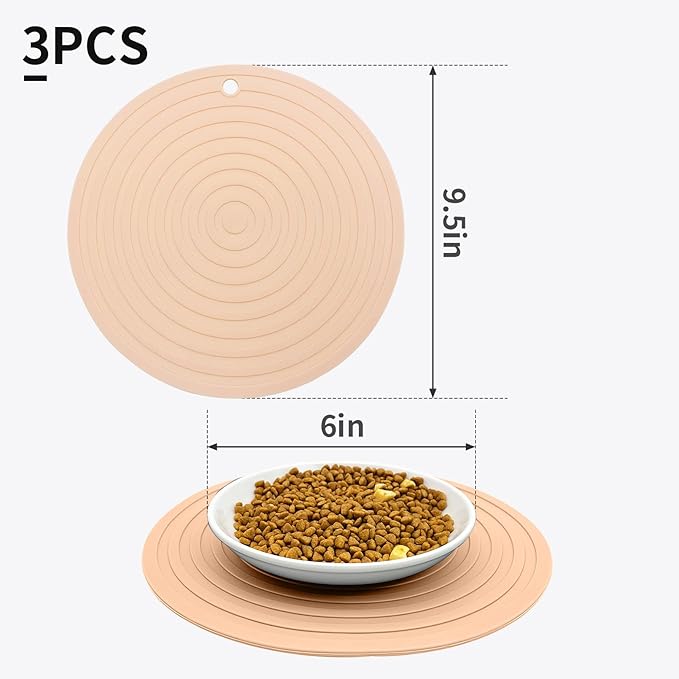 Fhiny 3PCS Silicone Pet Food Mat, 9.5" Round Waterproof Non-Slip Dog Cat Bowl Placemat Preventing Feed and Water Overflow Suitable for Medium Small Bowl Dish Plate Protect Floor (Pink, 9.5" Dia)