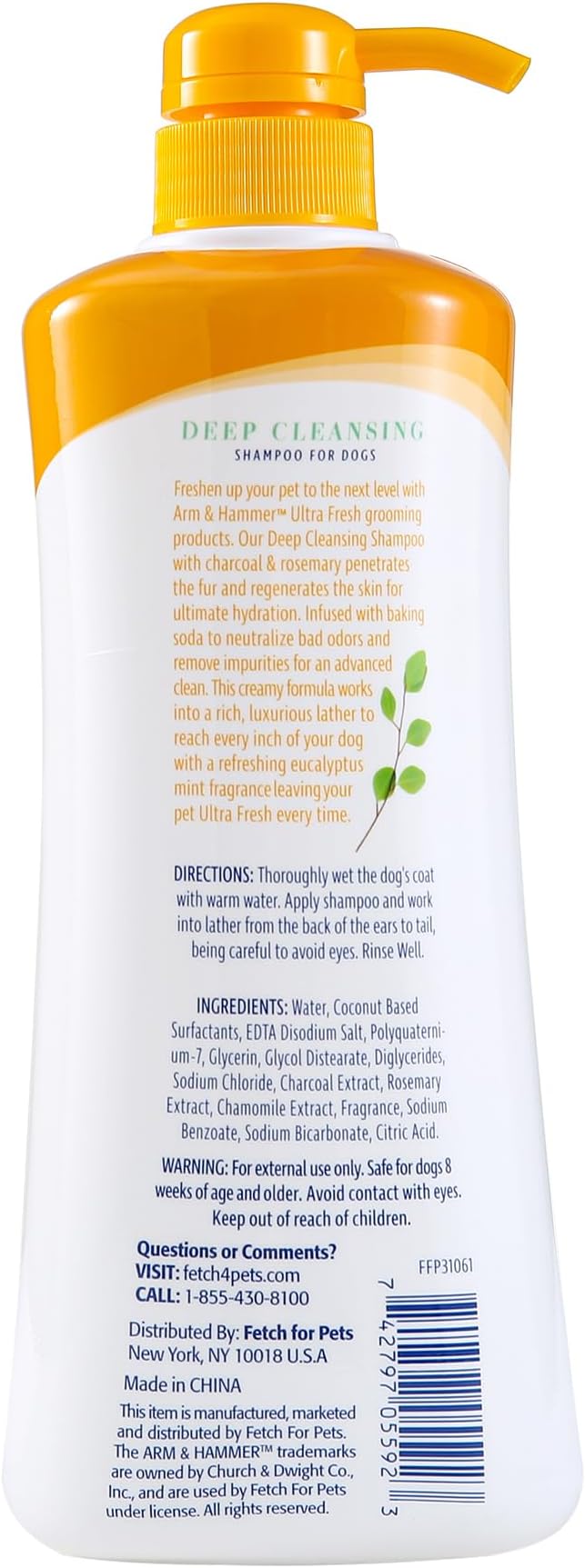 Arm & Hammer Ultra Fresh Charcoal Dog Shampoo with Rosemary for Deep Cleansing and Odor Control, Baking Soda Deodorizing Pet Shampoo, Pump Bottle Dog Wash, Eucalyptus Mint Scent, 24 Fl Oz
