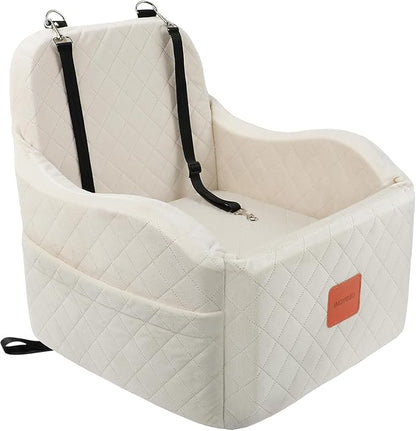 Dog Car Seats for Small Medium Dogs Up to 35lbs, Detachable Washable Soft Pet Booster Travel Bed for Front Seat with Safety Leash Belt (Beige, Medium)