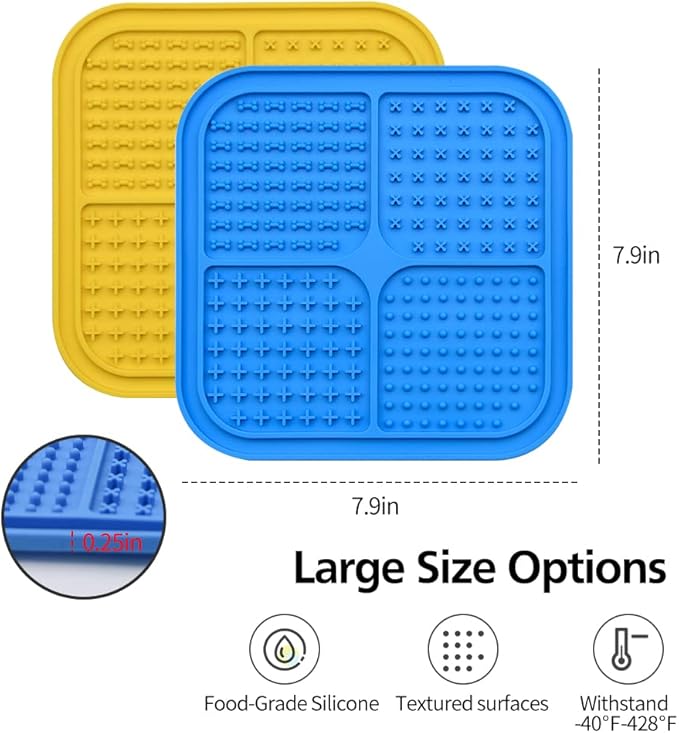 Dog Licking Mat, 2Pcs Large Dog Lick Pad with Suction Cups, with Silicone Spatula and Cleaning Brush, Dog Cat Slow Feeder for Peanut Butter, Yogurt, Snacks, Reduce Anxiety Boredom(Blue+Yellow)