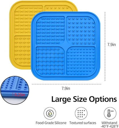 Dog Licking Mat, 2Pcs Large Dog Lick Pad with Suction Cups, with Silicone Spatula and Cleaning Brush, Dog Cat Slow Feeder for Peanut Butter, Yogurt, Snacks, Reduce Anxiety Boredom(Blue+Yellow)