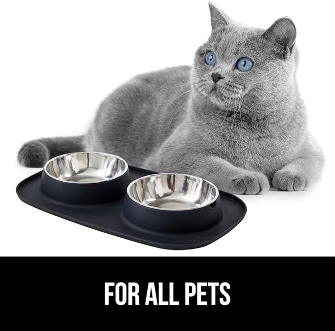 GORILLA GRIP Feeding Mat Bowl Set, 3 Cup 100% Waterproof BPA Free Silicone Base, 304 Stainless Steel Cat and Dog Bowls for Food and Water, Slip Resistant, High Edge, US Designed, Patent Pending, Black