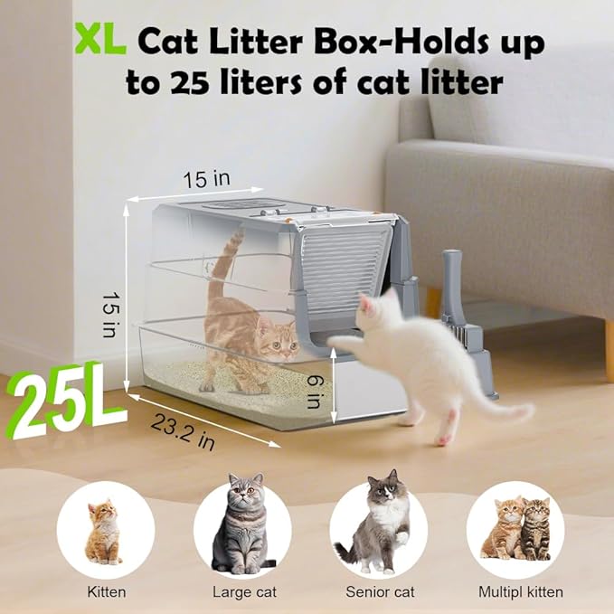 SZEE Stainless Steel Cat Litter Box with 180°Flip-Top Lid, Easy Clean XL Enclosed Litter Box, Large Covered Steel Cat Box with Scoop, Odor Control and Anti-Urine Leakage, 23.2*15*15 Inch, Dark Gray