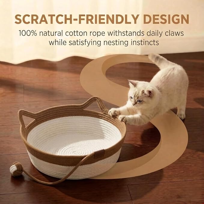 Stimulicat Handwoven Cat Basket – Foldable Cat Hammock with Scratching Area & Interactive Rope Ball – Breathable Pet Bed with Cat Ear Handles – Machine Washable & Portable (White-Pink)