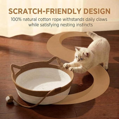 Stimulicat Handwoven Cat Basket – Foldable Cat Hammock with Scratching Area & Interactive Rope Ball – Breathable Pet Bed with Cat Ear Handles – Machine Washable & Portable (White-Pink)