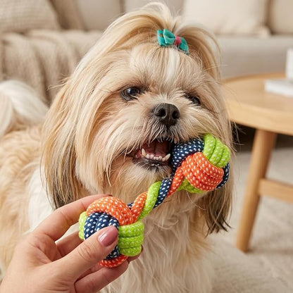 Cotton Rope Dog/Cat Toy, Dumbbell Style Chew Toy, Multicolor Handmade Braided Chew Toy for Dogs/Cats, Tough Dental Knot (2-Piece Set)