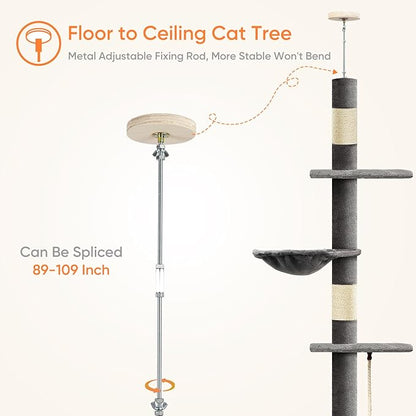 Cat Tree 5-Tier Floor to Ceiling Cat Tower with Cozy Hammock, 89-109 Inch Adjustable Height Sisal Scratching Post, Provides Vertical Enrichment for Jumping & Climbing, Darkgrey