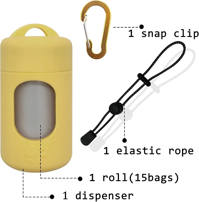 Dog Poop Bag Dispenser for Leash with Snap Clip, Skin-friendly Texture Waste Bag Holder for Dog Walks and Cats, Pets Litter Bag Container, Indoor & Outdoor Use (Yellow, 1)