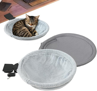 Cat Perch Nest Attach to Desk - Cozy 2 in 1 Office Mount Kitty Hammock with Net Cover for Summer Cool, Mounted by Enhanced Clamp Attachment, Support up to 60lbs, Ideal Co Worker Gift
