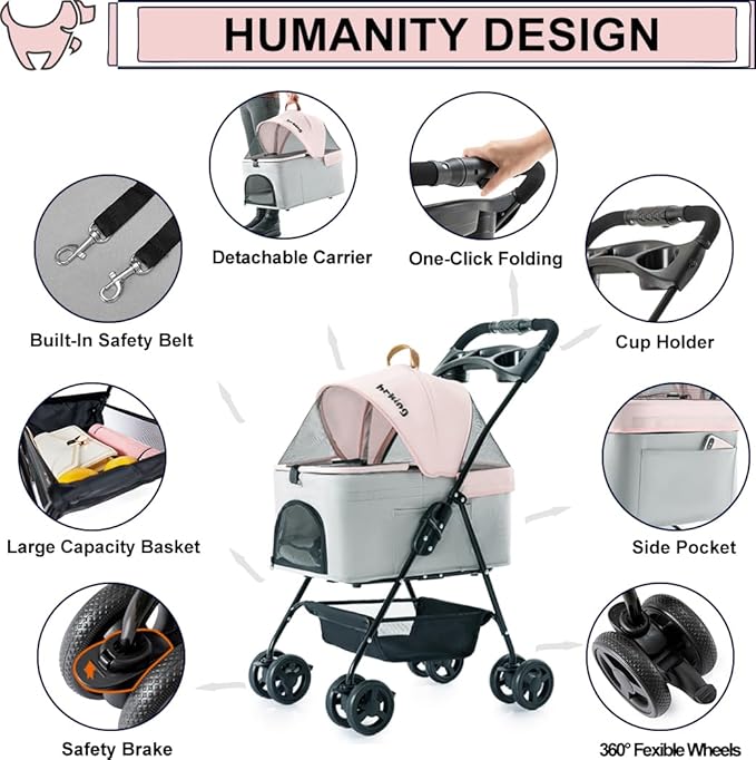 3-in-1 Pet Stroller for Small Dogs and Cats, Folding Lightweight Dog Stroller with Detachable Carrier Portable Cat Puppy Jogging Stroller with Cup Holder and Storage Basket, 4 Wheels