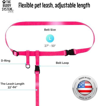 The Buddy System Hands Free Dog Leash, Adjustable Leash for Running, Jogging, Training and Service Dogs, Great for Small, Medium and Large Dogs, Made in USA (Pink, Small Dog System (Large Belt))