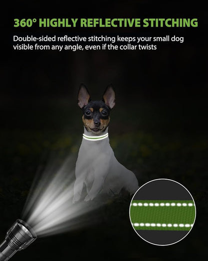 Joytale Puppy Collar, Feather-Light Double-Sided Reflective Nylon Collar for Night Safety, Adjustable Quick-Release for Extra Small Dogs, Green, XS (3/8" Width)