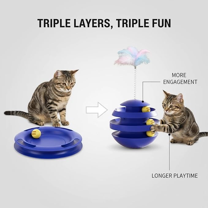 Interactive Cat Toy for Indoor Cats, 3-Layer Ball Track with Tumbler Base & Feather, Self-Play Kitten Toy to Reduce Boredom & Anxiety, Durable Interactive Pet Toy for Kittens and Adult Cats(Blue)