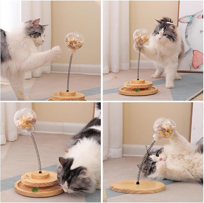 Marchul Cat Puzzle Feeder, Interactive Cat Toy with Treat Dispenser & Roller Track Ball, Wooden Slow Feeder Ball for Indoor Cats, 3-in-1 Food Puzzle Toy for Mental Stimulation