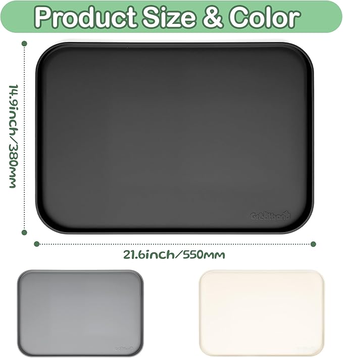 100% Waterproof Silicone Pet Feeding Mat,Warped Resistant Raised Edge BPA-Free Dog Cat Food Mats, Non-Slip Pet Placemat with High Lip to Prevent Spills, Dishwasher Safe, 21.5"x14" Black
