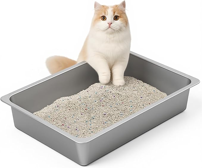 Kirecoo Stainless Steel Litter Box, Large Low Entry Metal Cat Pan Box, Indoor Litter Tray, Non Stick, No Smell, Easy to Clean, Pet Toilet Supplies for Cats