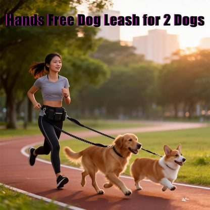 Hands Free Dog Leash for 2 Dogs, Adjustable Waist Belt, Reflective Stitching Leash with Double Padded Handles for Running, Hiking