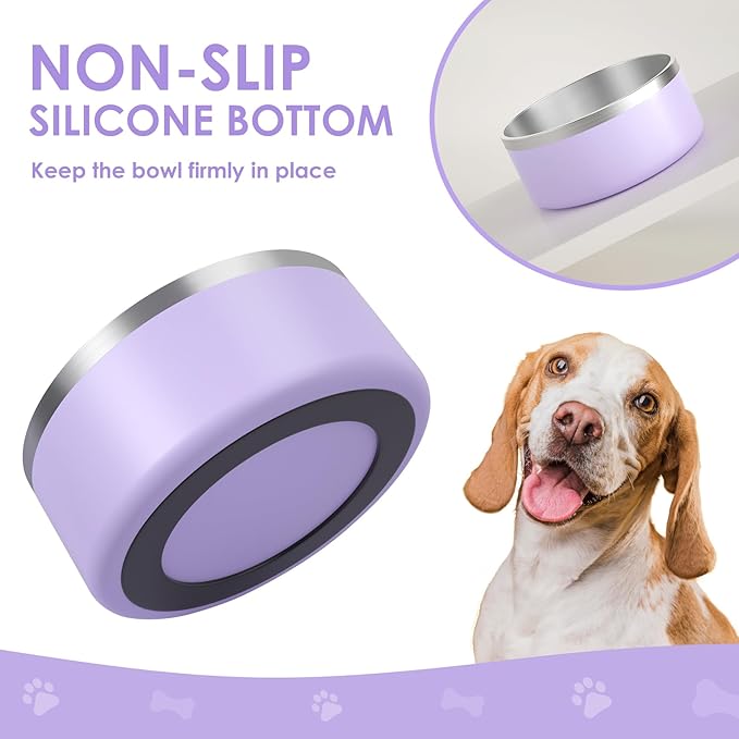 IKITCHEN Dog Bowl for Food and Water, 40 Oz Stainless Steel Pet Feeding Bowl, Durable Non-Skid Insulated Heavy Duty with Rubber Bottom for Medium Large Dogs (40 Ounces/5 Cup, Light Purple)