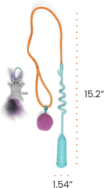 Catstages Cat-apult Spring Wand Durable and Interactive Teaser with Flinger Clip & Two Cat Toys, Catnip Toy & Pompom Ball, Blue