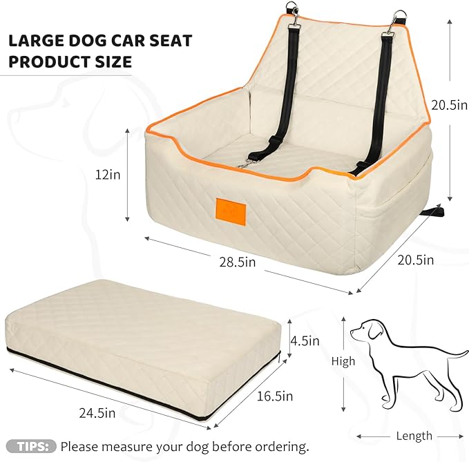 XIEEAOZEE Dog Car Seat for Large/Medium Dog, Booster Seat Under 55Lbs or 2 Small Dogs, Detachable and Washable Travel Pet Seat with Thick Cushion and Storage Pockets (Beige)