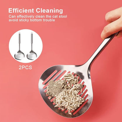 2pcs Cat Litter Scoop, Stainless Steel Litter Scoop Long Handle Durable Cat Mesh Shovel (Sliver)