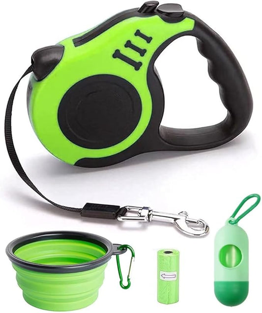 Retractable Green Dog Leash for Medium & Small Dogs & Cats - 16.5FT Tangle Free, Heavy Duty Walking Leash with Anti Slip Handle, Pause & Lock Strong Nylon Tape