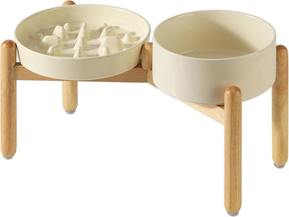 Ceramic Raised Slow Feeder Dog Bowl Set, Elevated 7.3inch Bowl and 8.2inch Slow Pet Food Dish with Wooden Stand for Medium and Large Dog (2 xLight Yellow+ Stand)