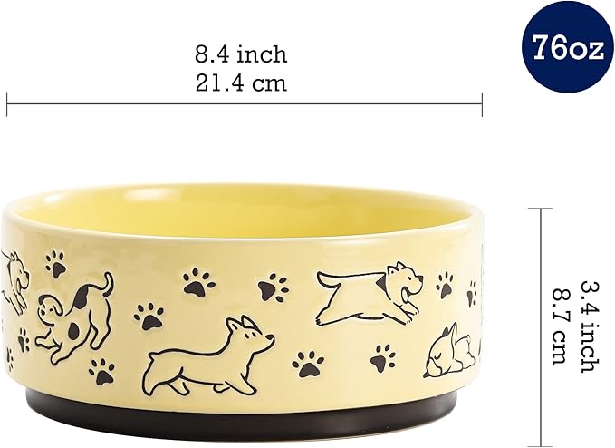 Bico Happy Dogs Yellow Ceramic 76oz Pet Bowl, for Large Size Dog, Puppy, Cat, Kitten, Durable and Dishwasher Safe Stoneware