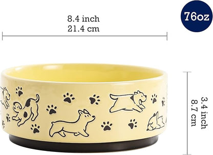 Bico Happy Dogs Yellow Ceramic 76oz Pet Bowl, for Large Size Dog, Puppy, Cat, Kitten, Durable and Dishwasher Safe Stoneware