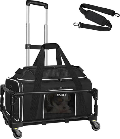 Petskd Top-Expandable Small Pet Carrier with Wheels(18" L x 13" W x 9.5" H), Southwest Airlines Approved, Rolling Pet Carrier for Small Dogs & Cats (Black)