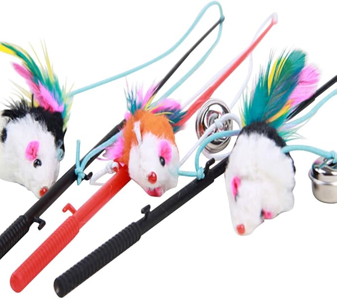 Giveme5 3pcs Funny Pet Feather False Mouse with Plastic Stick 31cm and Small Bell Cat Kitten Playing Scratch Toy (Color Random)