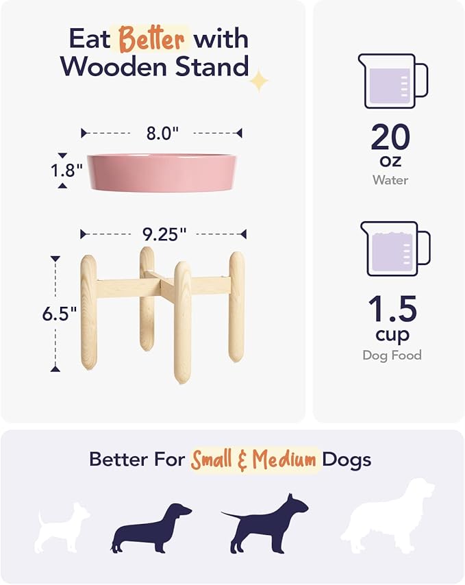 LE TAUCI Ceramic Slow Feeding Dog Bowls with Wooden Stand, Anti-Gulping, Non-Slip, Easy to Clean, Dishwasher Safe, 8 Inch, for Medium Dogs