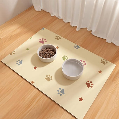 BLESWIN Pet Feeding Mat 17"x28", Absorbent Pet Food Mat, Large Mat for Dog Food and Water Bowls, Rubber Dog Mat for Floor Protection, Cat Placemats for Food and Water, Beige