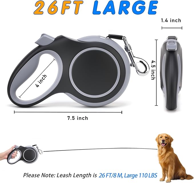 26Ft Retractable Dog Leash, Heavy Duty Great Leash for Dog up to 110 lbs, Anti-Slip Rubberized Handle, One-Handed Brake, Strong Nylon Tape, Tangle Free (Large, Black)