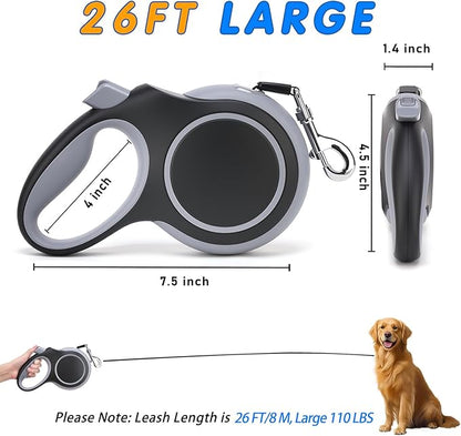 26Ft Retractable Dog Leash, Heavy Duty Great Leash for Dog up to 110 lbs, Anti-Slip Rubberized Handle, One-Handed Brake, Strong Nylon Tape, Tangle Free (Large, Black)