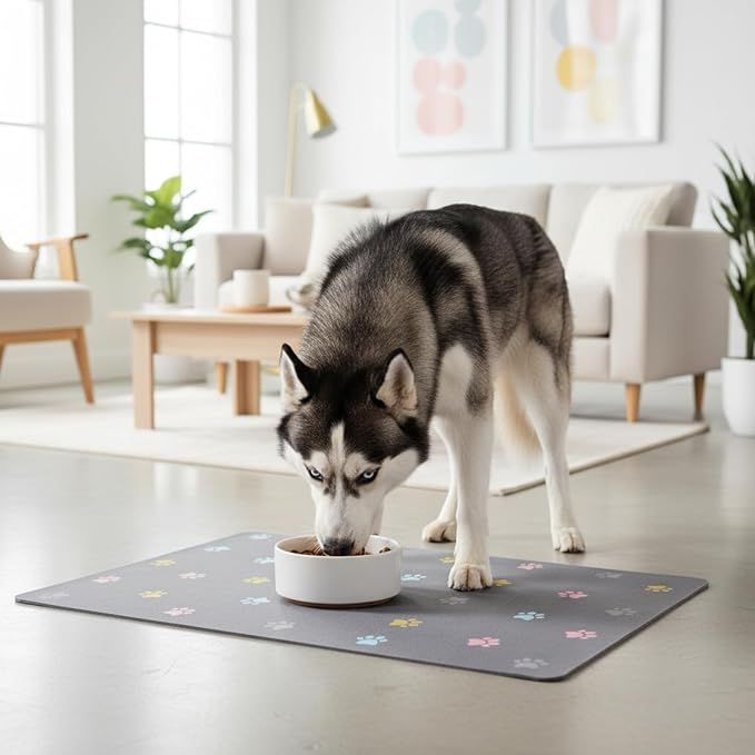 Pet Feeding Mat Absorbent Dog Mat for Food and Water Non Slip Quick Dry Dog Bowl Mats for Floors 27" X 17" Paw Dark Gray