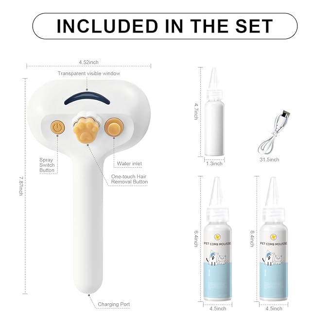 Pet Steam Brush for Dog & Cat – 3-in-1 Spray Hair Removal Comb for Shedding & Grooming, Softens Fur & Reduces Static – Water Brush for Long & Short Coats, Bath-Hating Pets, Includes Waterless Shampoo