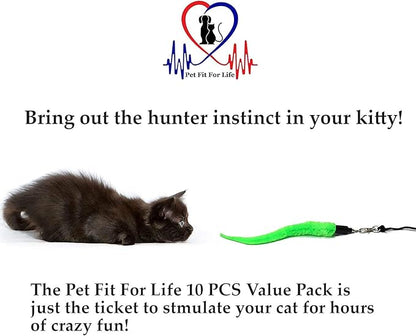 Pet Fit For Life - 10 Piece Kitten Toy Refill Pack - Replacement for Indoor Cat's Interactive Wand and Catch Wand - Features 5 Squiggly Worms and 5 Furry Mouse Feather Attachments