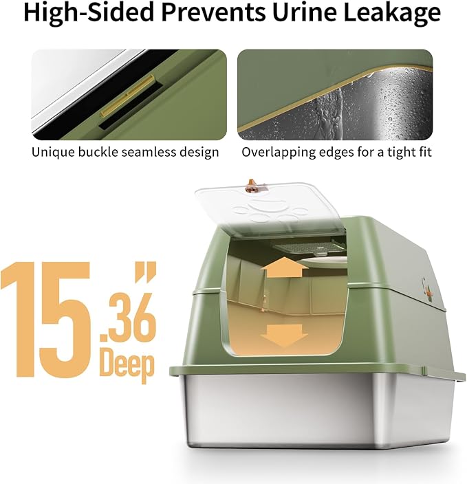 Stainless Steel Cat Litter Box with Lid, XL Large Enclosed High Sided Litter Box with Removable Lid, Carbon Filters -Odor Free, Easy Cleaning, Anti-Urine Leakage for Big Cats -Green