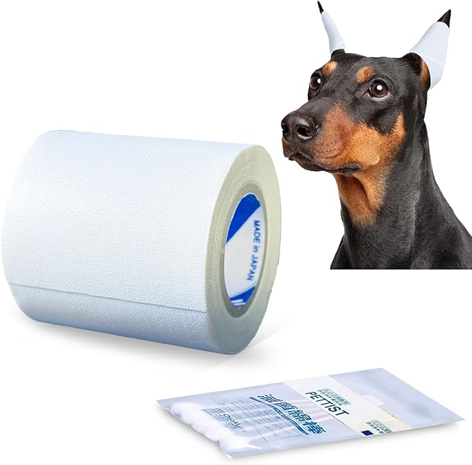 Ear Tape for Dogs 1 Pack with Dog Ear Cleaner Cotton Swabs, Self Adhesive Cotton Tape for Dog Ear Protection and Support, Ear Care Set for Dogs (2.0 inch (50 mm))