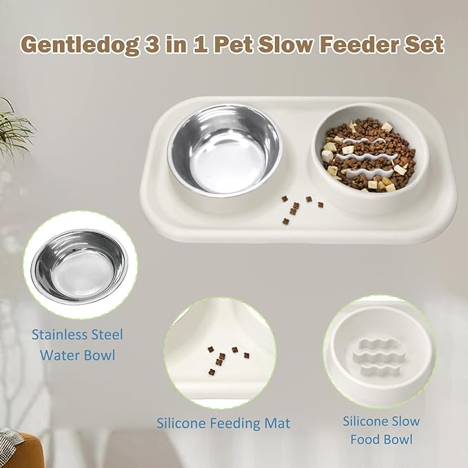Waterproof Silicone Cat Food Bowls, Stainless Steel & Silicone Slow Feeder Double Bowls, Non-Skid & Non-Spill Raised Edge, Food and Water Feeder for Cat and Puppy