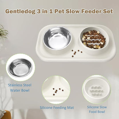 Waterproof Silicone Cat Food Bowls, Stainless Steel & Silicone Slow Feeder Double Bowls, Non-Skid & Non-Spill Raised Edge, Food and Water Feeder for Cat and Puppy