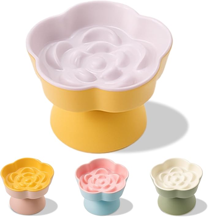 Tilted Cat Bowl, Flower-Shaped Ceramic Slow Feeder Cat Bowl, Raised Pet Bowl for Whisker Relief, Prevents Vomiting & Bloating, Non-Slip Base, Easy to Clean for Dry/Wet Food (Lavender & Yellow)