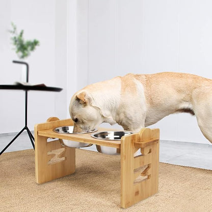 Elevated Dog Bowls, Adjustable Raised Tilted French Bulldog Food Water Bowl, Slanted Bamboo Pet Feeding Station with Stainless Steel Bowl for Small & Medium Dogs, Cat Kitten Flat Faced Puppy Feeder
