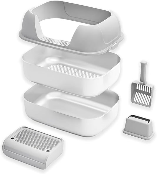 Stainless Steel Sifting Litter Box with Lid, Metal Litter Pan with Scoop for Big Cats Multi Cat, Extra Large Cats Litterbox Odor Control Easy Clean