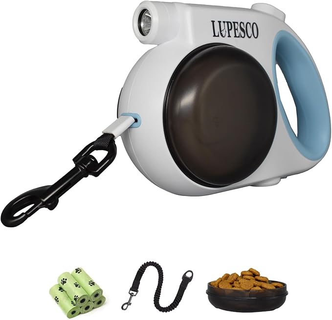 Retractable Dog Leash – 13ft Tangle-Free Lead with Bungee Extender, LED Flashlight, Dual Bowls for Food & Water, Poop Bag Dispenser (Includes 5 Rolls) – for Outdoor Walking Dogs up to 55 lbs (Blue)