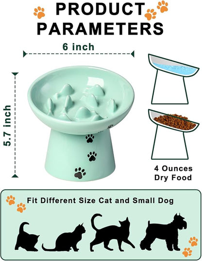 Y YHY Slow Feeder Cat Bowl, Ceramic Cat Slow Feeder Bowl, 6 Inches, Elevated, Anti Vomiting for Dry and Wet Food, Green